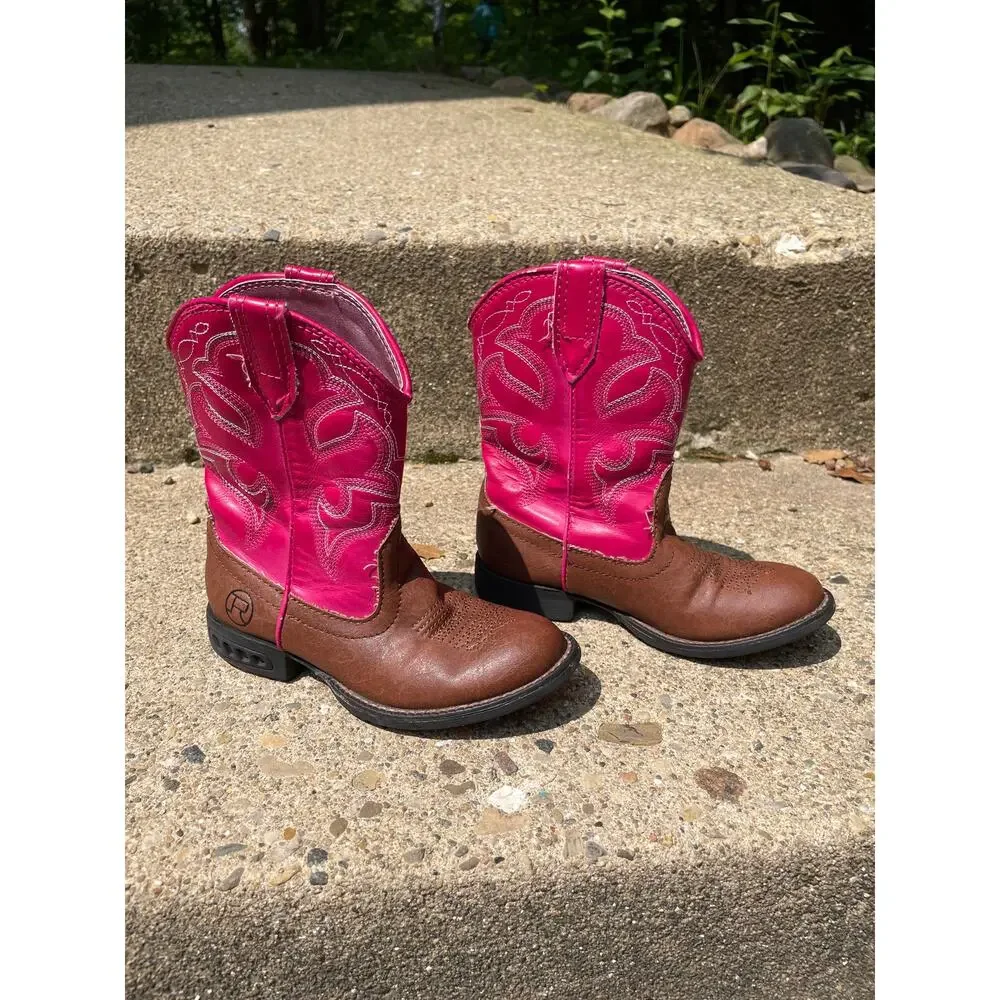 Roper Little Girls' Light-Up Western Boots Round Toe Pink Brown Sz 10 Kids